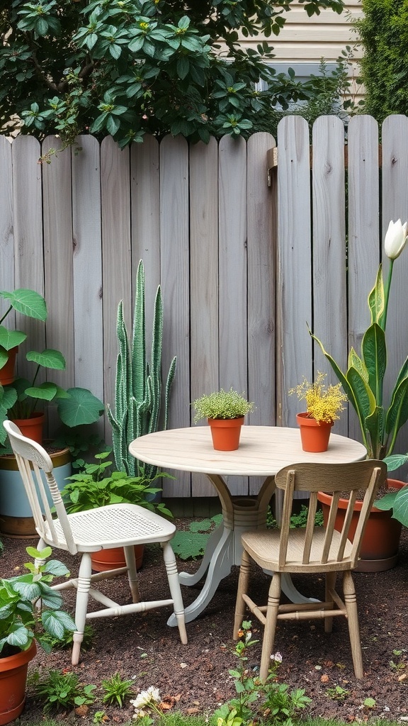 A cozy small garden setting featuring a wooden table and two repurposed chairs surrounded by potted plants.