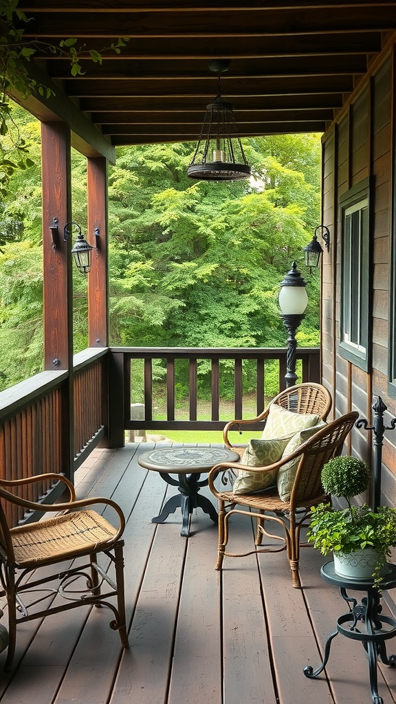 Cozy rustic wooden deck with seating and plants