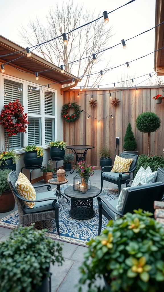 A cozy backyard patio with seasonal decor, featuring plants, string lights, and comfortable seating.