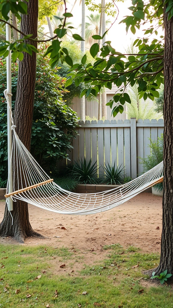 A peaceful backyard with a hammock set between two trees, surrounded by greenery.