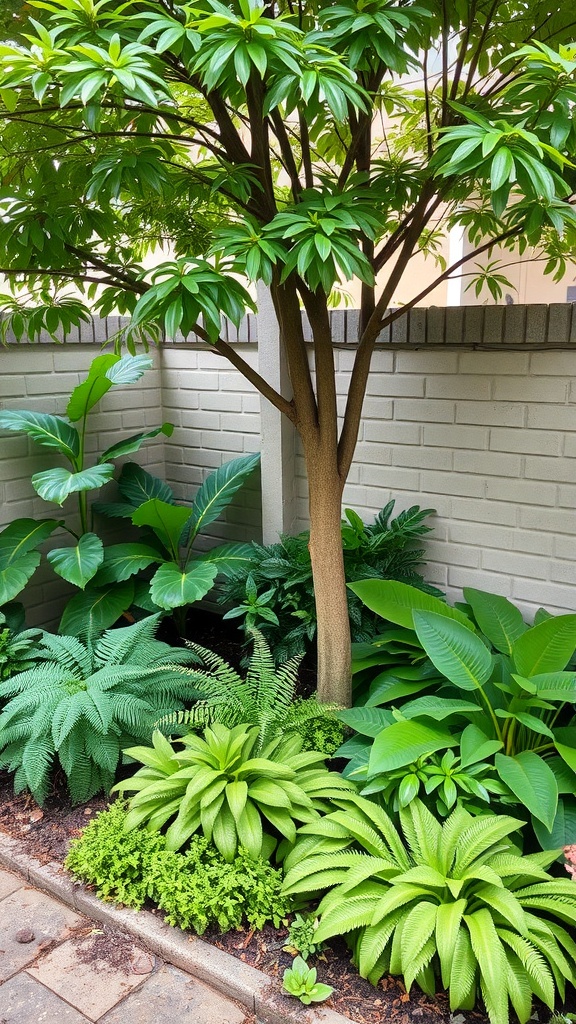 A small garden corner featuring various shade-tolerant plants, including ferns and leafy greens, beneath a tree.