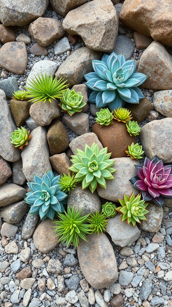 A close-up of a succulent rock garden featuring various succulents and rocks.