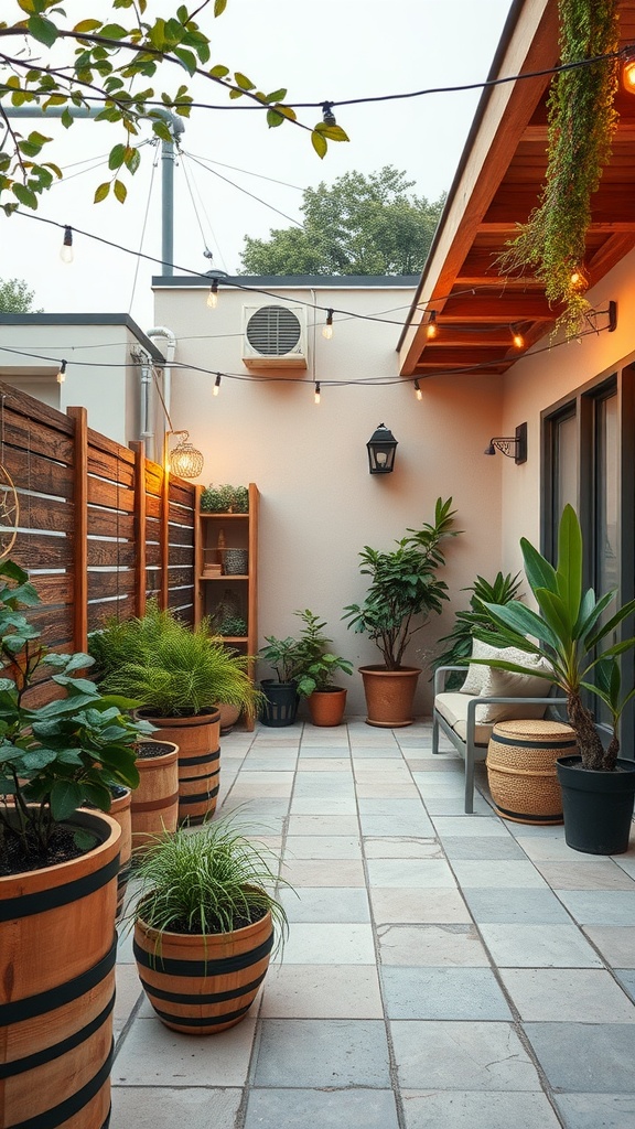 A cozy sustainable backyard patio with plants and warm lights.