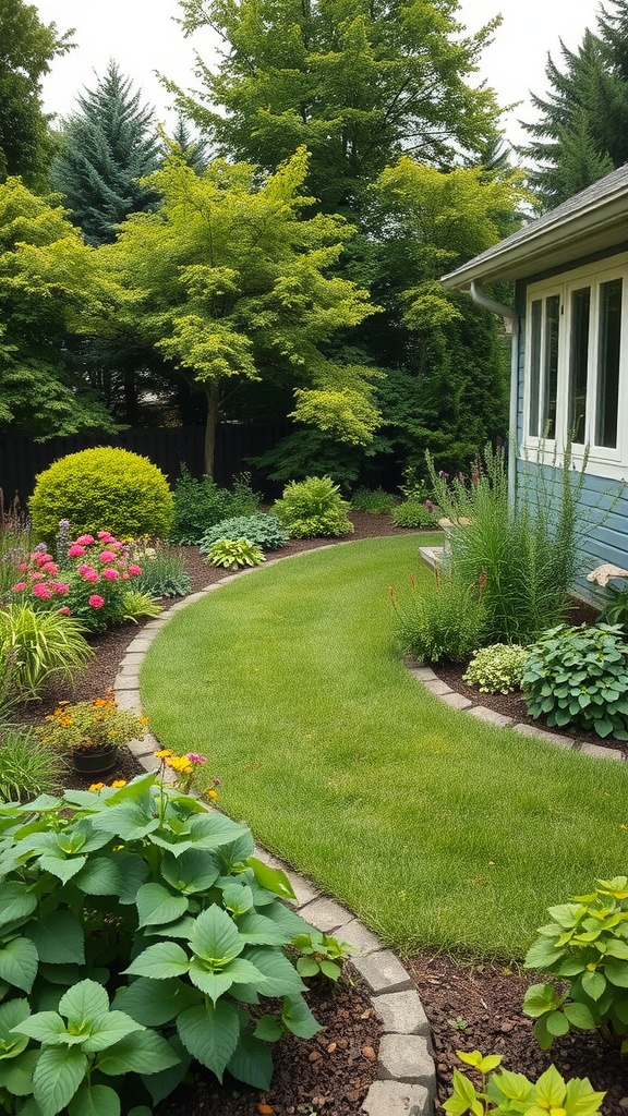 A beautifully landscaped backyard with a curved path and a variety of plants and flowers.
