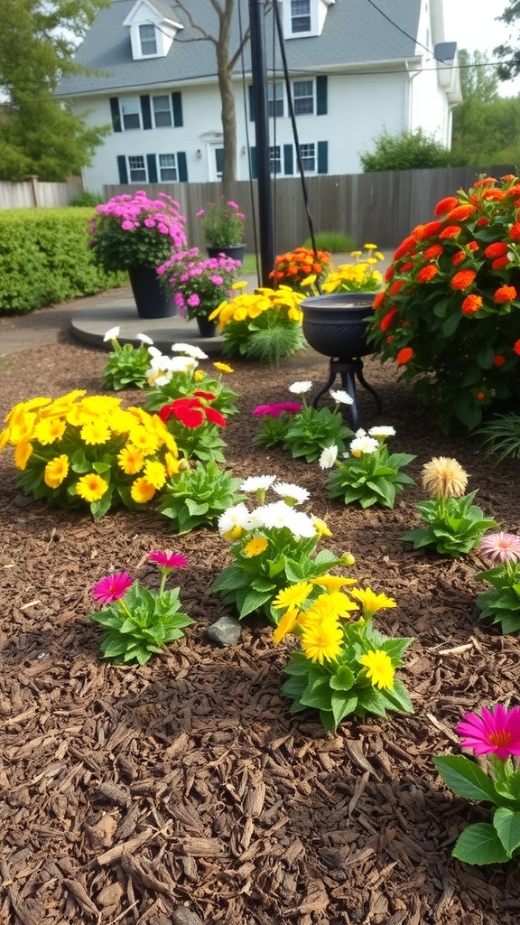 Colorful flowers arranged in a garden with mulch.