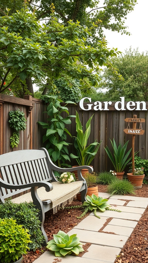 A cozy backyard with a wooden bench, plants in terracotta pots, and a rustic garden sign.