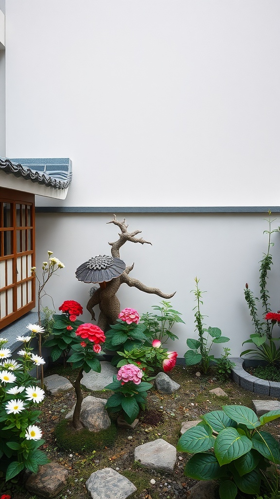 A serene Japanese courtyard garden featuring colorful flowers and a tree sculpture surrounded by stones.