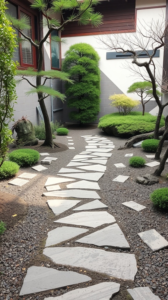 A serene Japanese courtyard garden with stone paths and lush greenery.