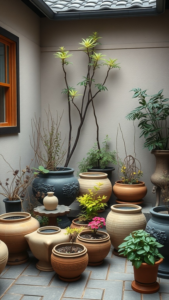 A collection of various containers with plants in a small Japanese courtyard garden.