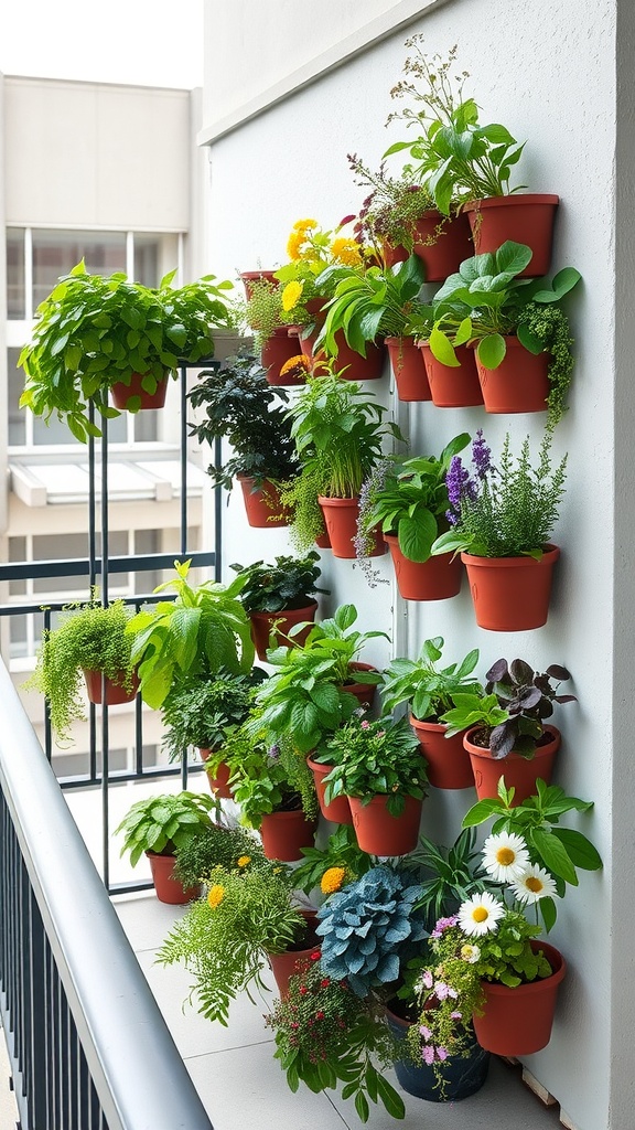 A vertical garden with various plants in pots mounted on a wall.