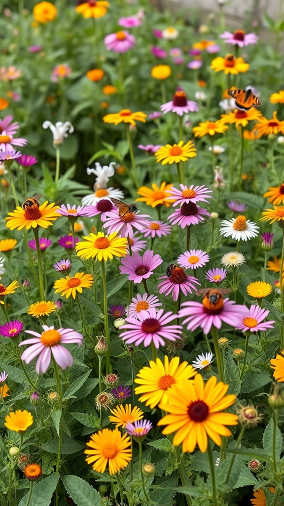 A vibrant wildflower garden filled with colorful daisies, coneflowers, and butterflies.