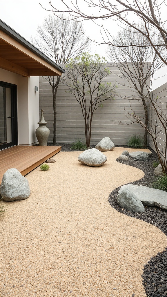 A serene Zen garden featuring smooth stones, gravel, and minimalist trees