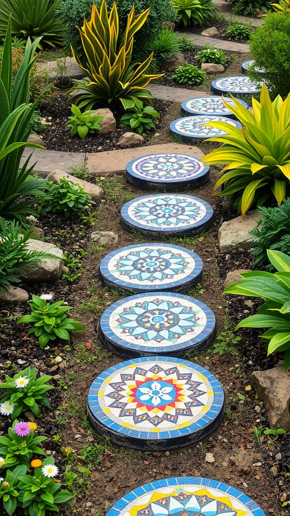 A garden path featuring decorative tiles as stepping stones, surrounded by lush greenery and colorful plants.