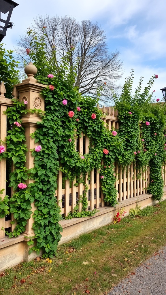 Beautiful climbing plants with pink flowers growing on a wooden fence
