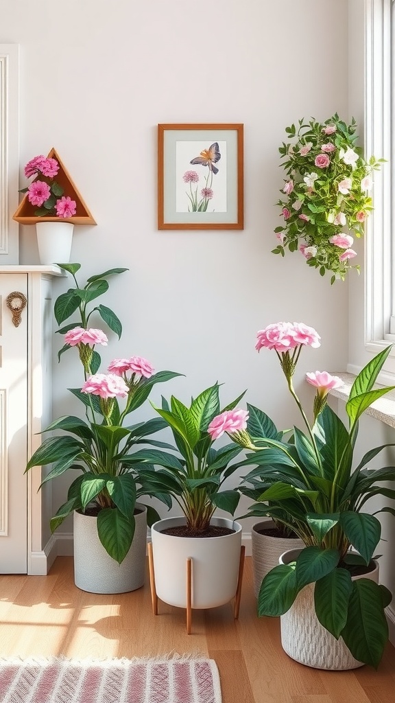 Bright pink house plants in stylish pots, adding charm and color to a bright room
