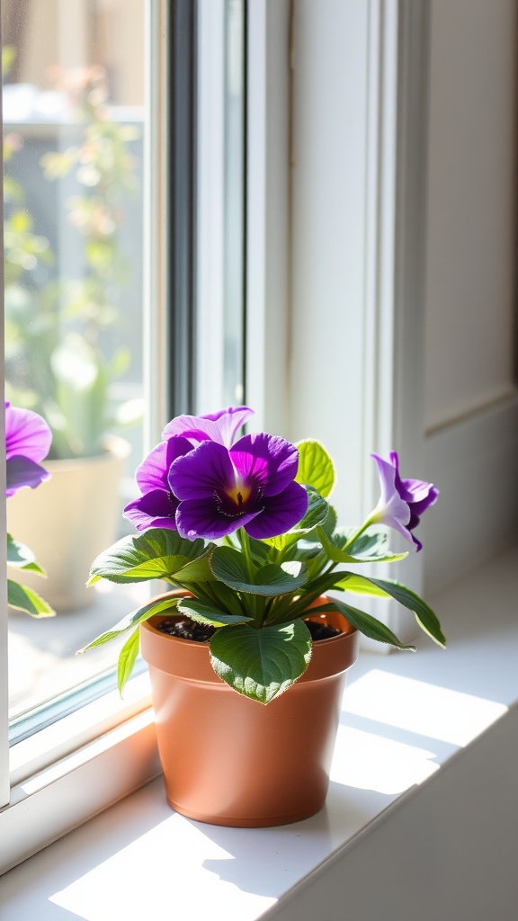 A vibrant African Violet plant with purple flowers placed on a windowsill.