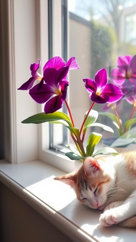 A cat sleeping next to blooming African violets on a windowsill