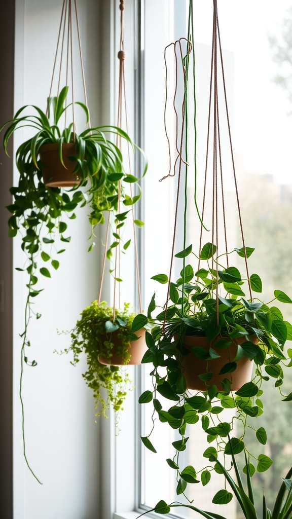 Various hanging plants in pots near a window