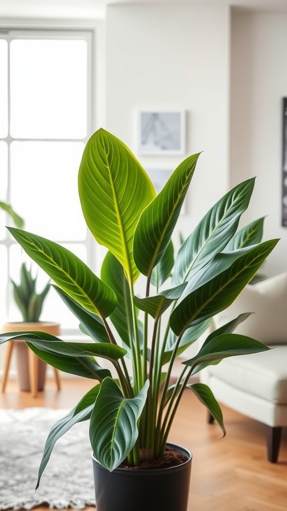 A healthy Alocasia Polly plant with vibrant green leaves in a modern living space.