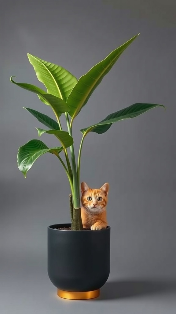An orange cat peeking from behind an Areca Palm in a stylish pot.