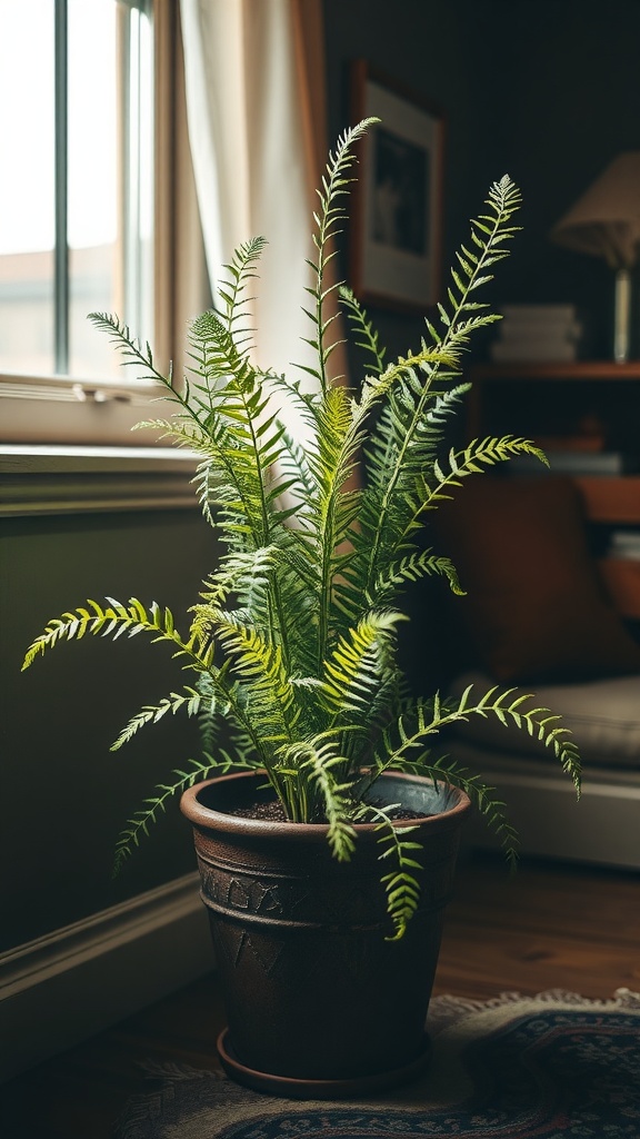 A vibrant Asparagus Fern in a decorative pot, showcased in a cozy indoor setting.