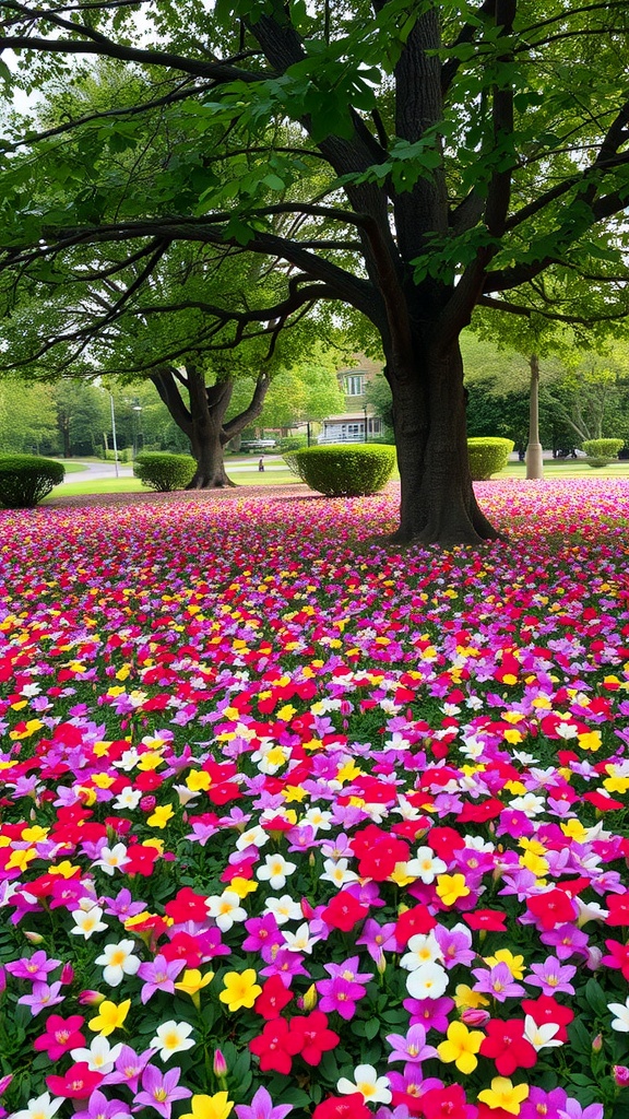 Colorful ground cover of Aubrieta flowers in shades of pink, purple, and white under a large tree.