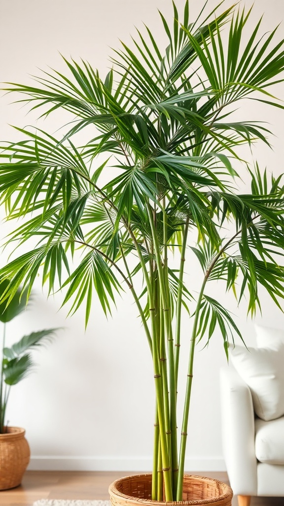 A healthy Bamboo Palm with lush green leaves in a woven pot.