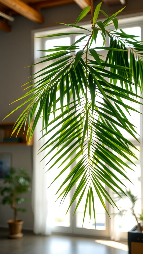 A close-up of a Bamboo Palm with hanging leaves in a brightly lit room.