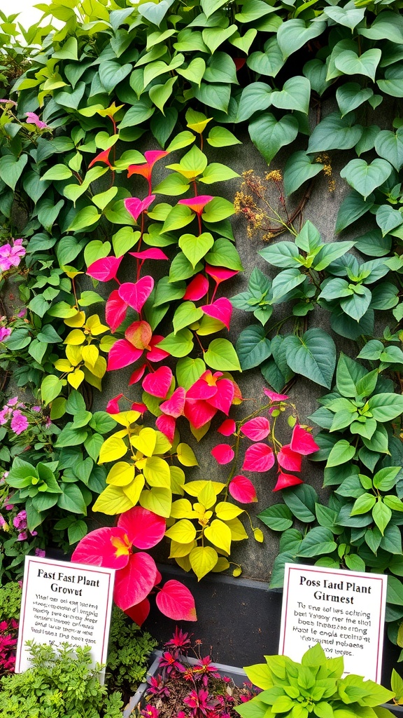 A vibrant display of fast-growing climbing plants featuring bright red and yellow foliage with labels indicating plant types.