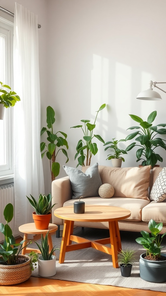 A cozy living room with various small house plants placed around a coffee table and sofa.