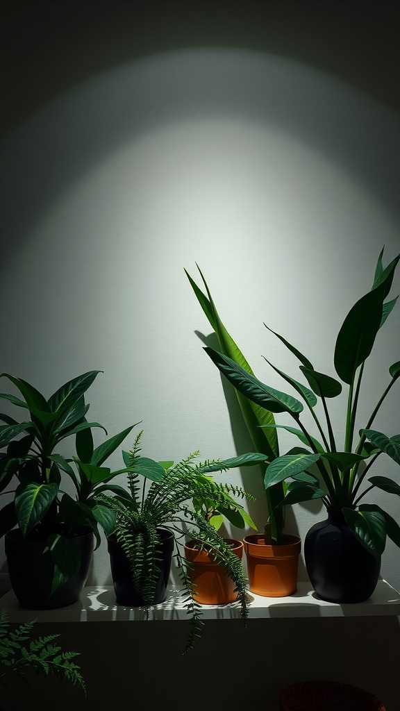 An array of tropical plants on a shelf, illuminated softly, showcasing various leaf shapes and sizes.