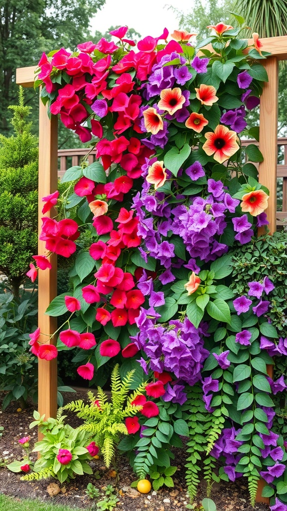 A vibrant display of climbing flowers in red and purple on a wooden trellis.