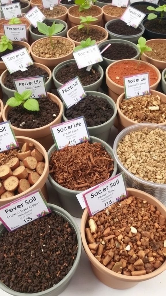 Various types of soil in pots labeled for climbing plants
