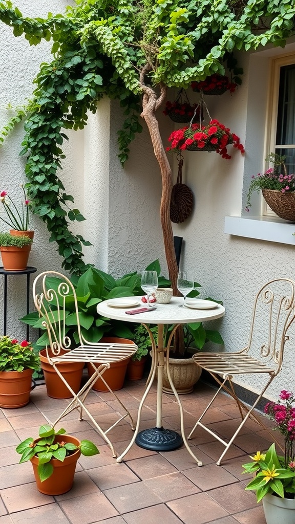 Cozy bistro table and chairs set in a garden patio surrounded by plants