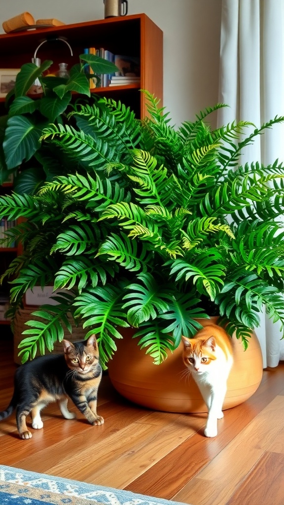 Two cats next to a large Boston Fern in a cozy living room