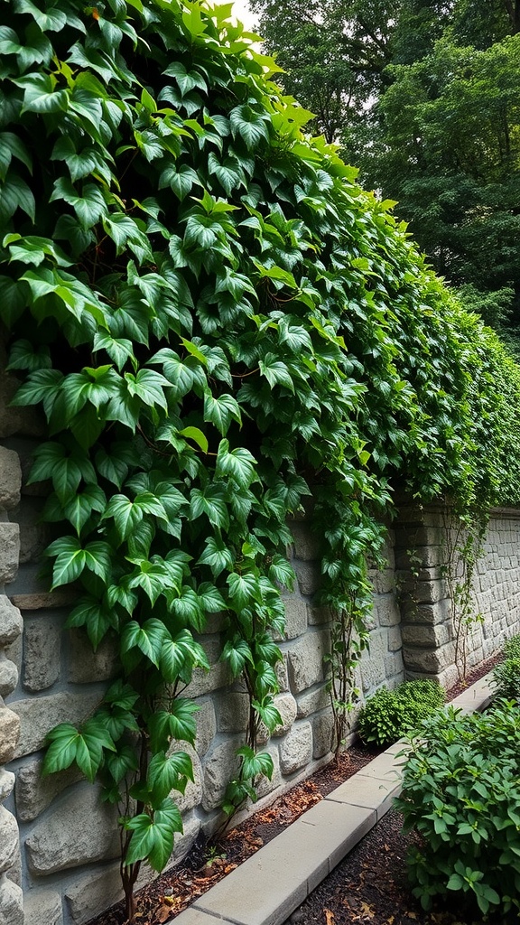 Lush Boston Ivy climbing over a stone wall, creating a green backdrop in a shaded garden area.