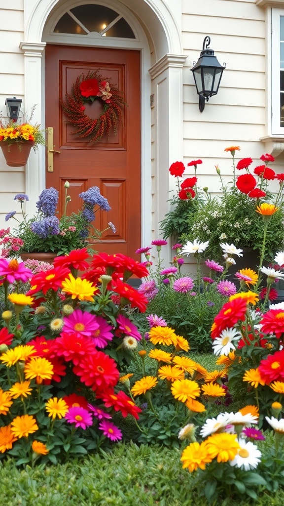 A colorful front garden with bright annual flowers in red, yellow, and pink beside a welcoming front door.