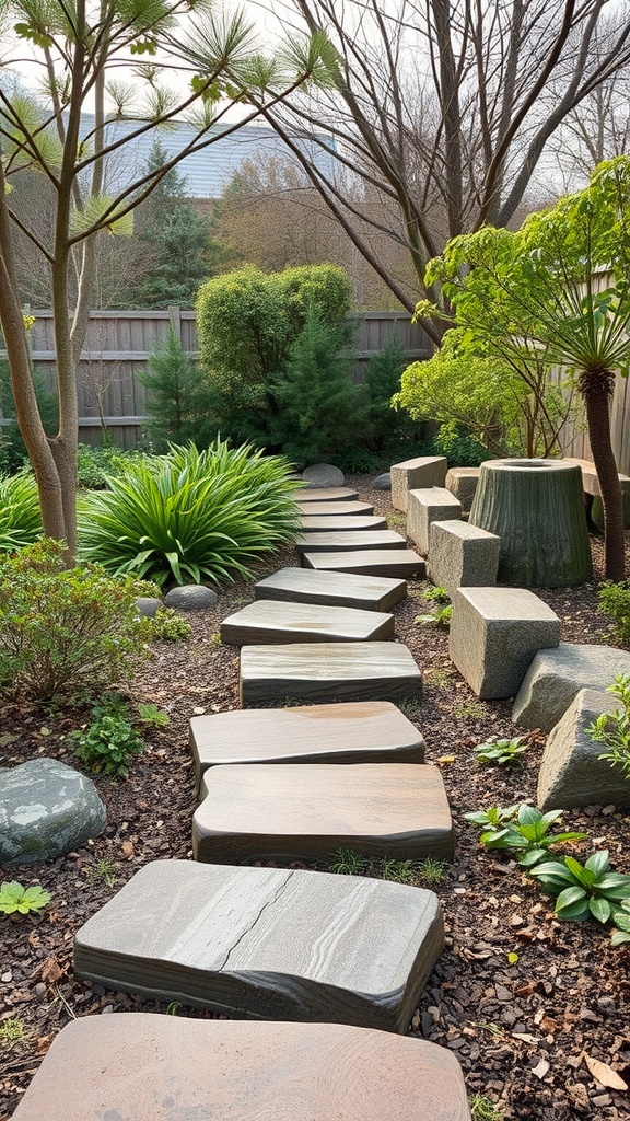 A pathway of stepping stones leading through a vibrant wildlife garden, surrounded by greenery and trees.