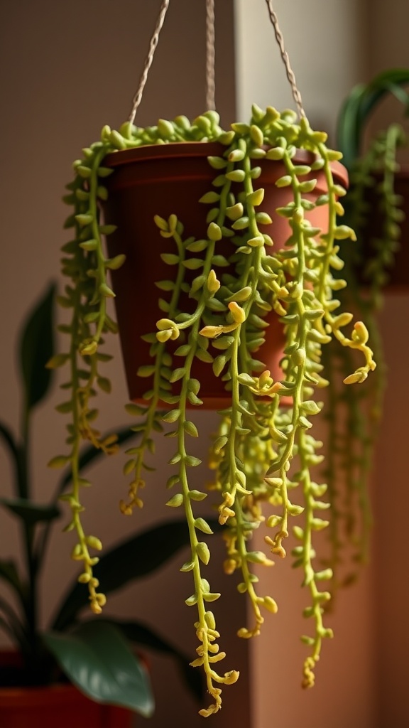 A hanging pot of Burro's Tail succulent with long green trailing leaves, placed indoors.