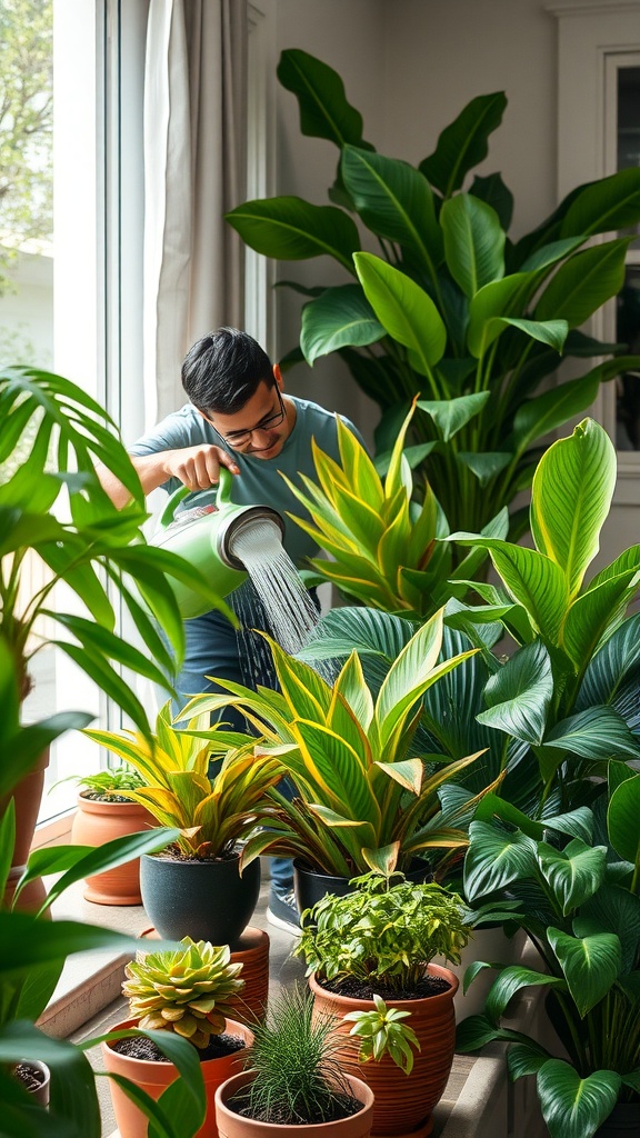 A person watering tropical potted plants in a bright room