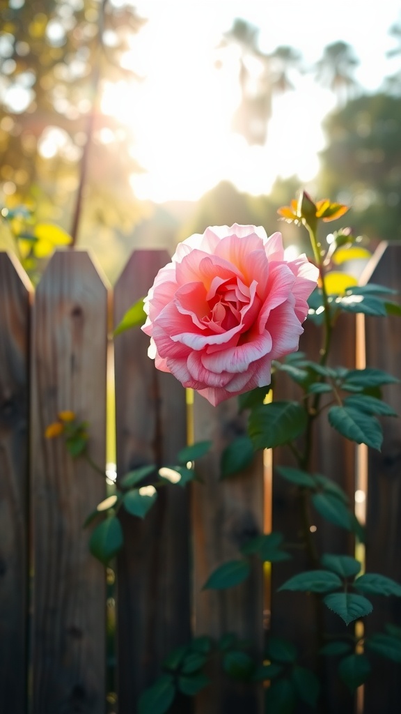 A beautiful pink climbing rose blooming beside a wooden fence in sunlight