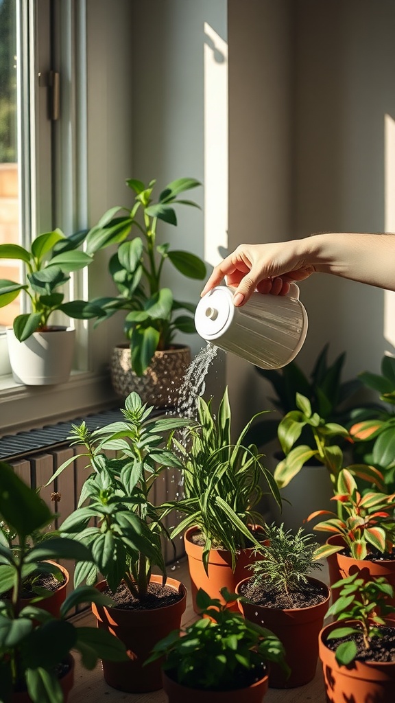 A hand watering small house plants in pots near a window