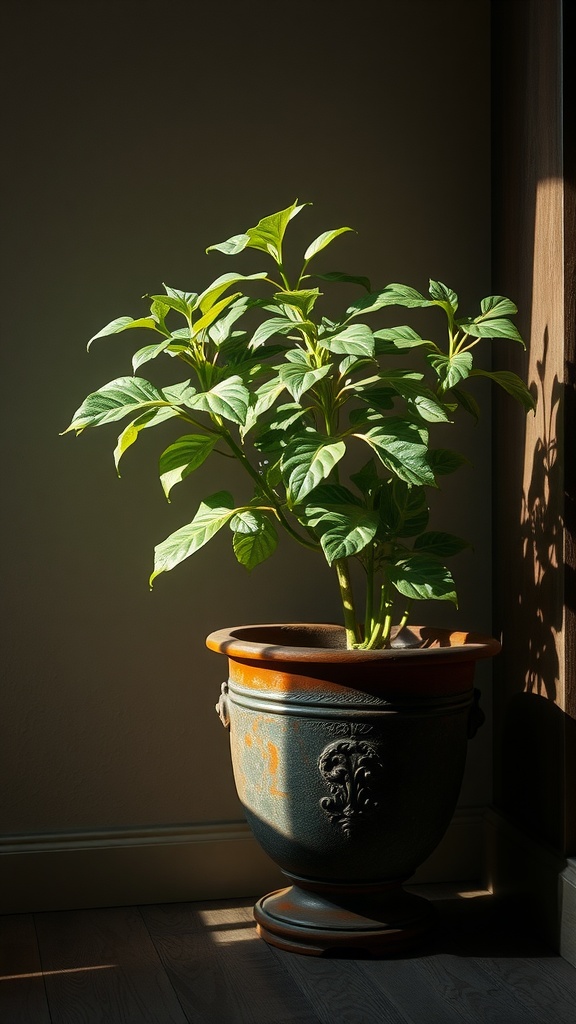 A healthy Cast Iron Plant in a decorative pot, illuminated by soft sunlight in a dimly lit room.
