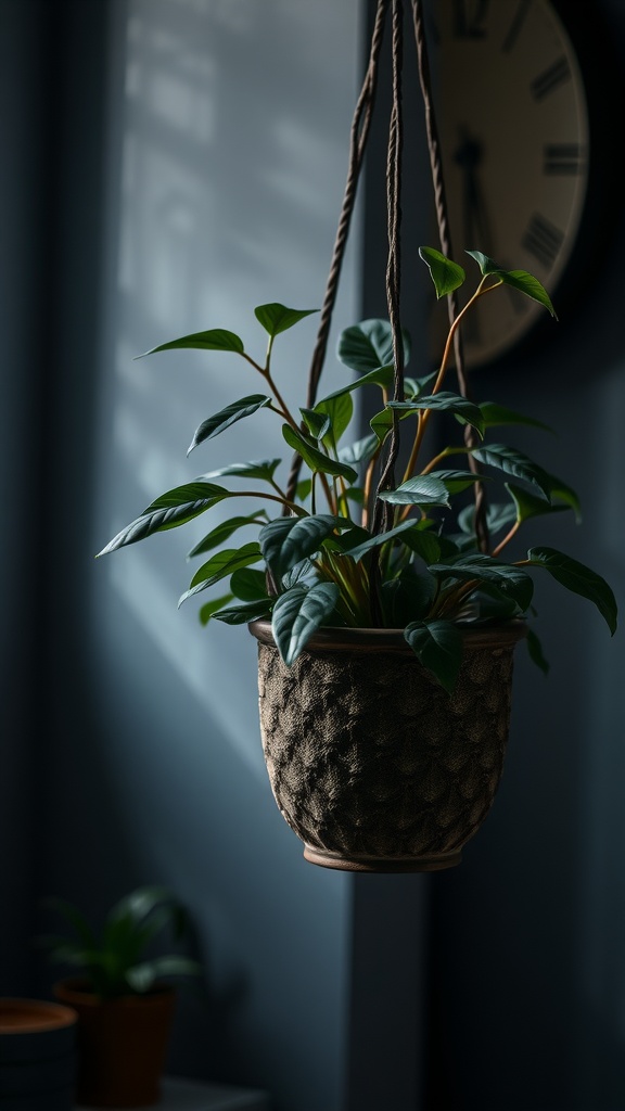 A hanging Cast Iron Plant in a cozy indoor setting with a textured pot and soft lighting.