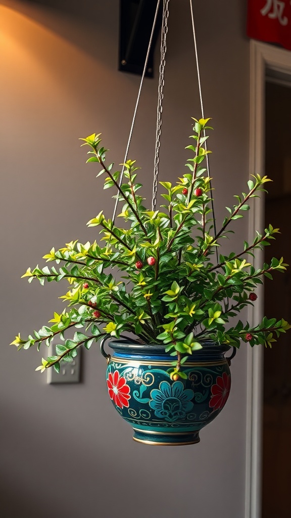A vibrant Chinese Evergreen plant hanging in a decorative pot, showcasing glossy green leaves with yellow highlights.