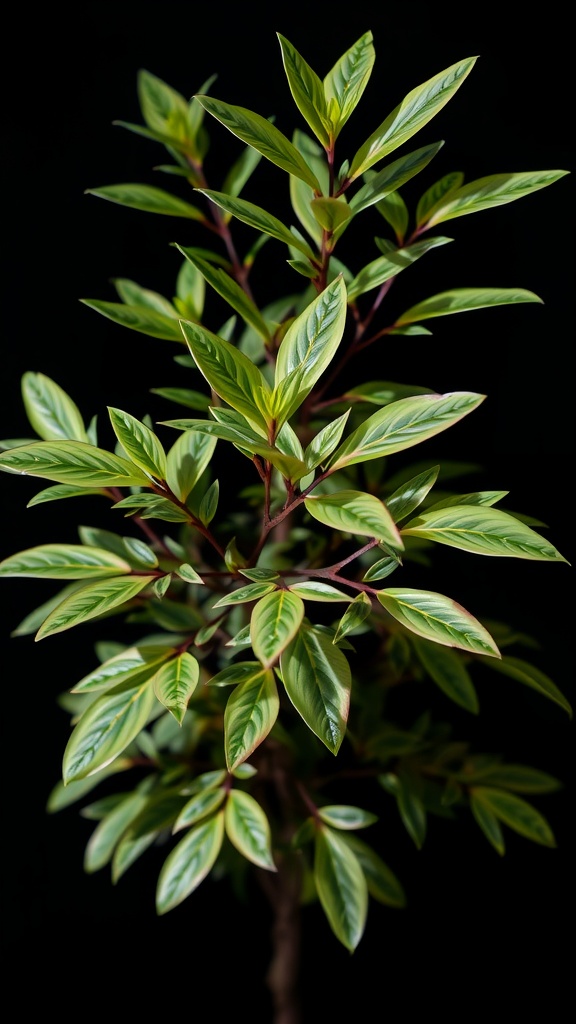 A Chinese Evergreen plant with variegated green and cream leaves against a black background.