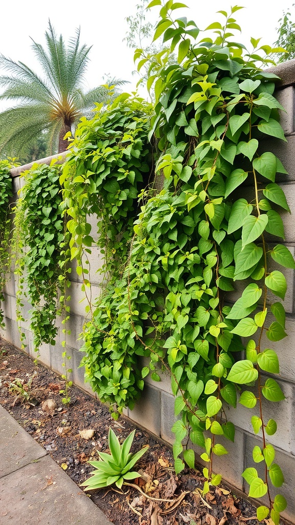 A wall adorned with lush green climbing plants, complemented by a palm tree in the background.
