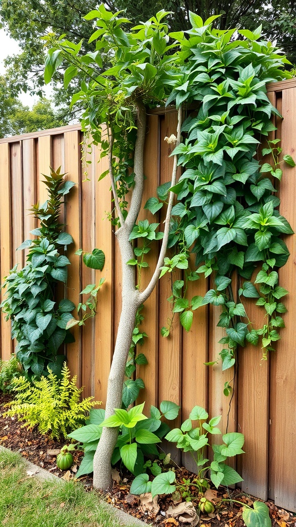 A vibrant display of climbing plants against a wooden fence, showcasing various shades of green and textures.