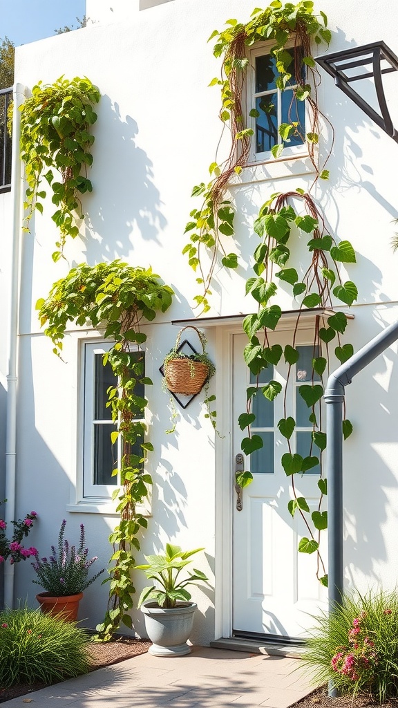 Wall climbing plants adorning a bright white wall with windows.