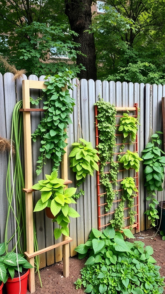 Two wooden trellises with climbing plants against a wooden fence in a garden.